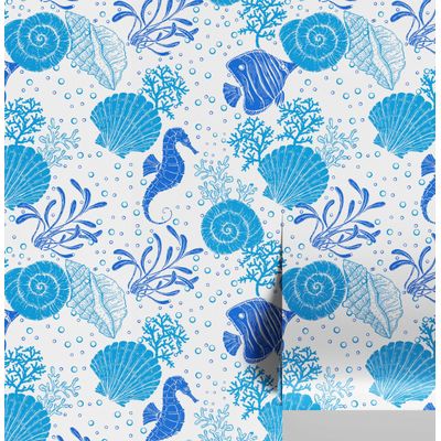 Papel de Parede Autocolante Vinílico Impermeável Azul com Cavalo-Marinho e Conchas, Removível para Quarto de Bebê e Brinquedoteca - S4Sassy 63,5 cm (L) × 304,8 cm (C) / Azul - Vinil Liso