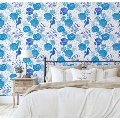 Papel de Parede Autocolante Vinílico Impermeável Azul com Cavalo-Marinho e Conchas, Removível para Quarto de Bebê e Brinquedoteca - S4Sassy 63,5 cm (L) × 304,8 cm (C) / Azul - Vinil Liso