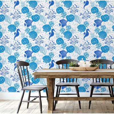 Papel de Parede Autocolante Vinílico Impermeável Azul com Cavalo-Marinho e Conchas, Removível para Quarto de Bebê e Brinquedoteca - S4Sassy 63,5 cm (L) × 304,8 cm (C) / Azul - Vinil Liso