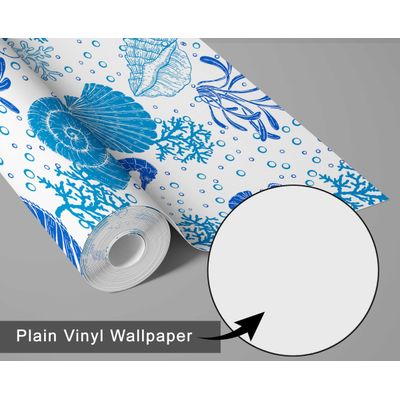 Papel de Parede Autocolante Vinílico Impermeável Azul com Cavalo-Marinho e Conchas, Removível para Quarto de Bebê e Brinquedoteca - S4Sassy 63,5 cm (L) × 304,8 cm (C) / Azul - Vinil Liso