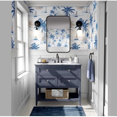 Papel de Parede Vinílico Autoadesivo Removível, Palmeira Tropical e Veleiro, Azul, Mural Para Banheiro, Lavanderia e Closet - S4Sassy 63,5 cm (L) × 304,8 cm (C) / Azul - Vinil Liso