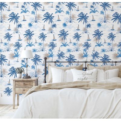 Papel de Parede Vinílico Autoadesivo Removível, Palmeira Tropical e Veleiro, Azul, Mural Para Banheiro, Lavanderia e Closet - S4Sassy 63,5 cm (L) × 304,8 cm (C) / Azul - Vinil Liso