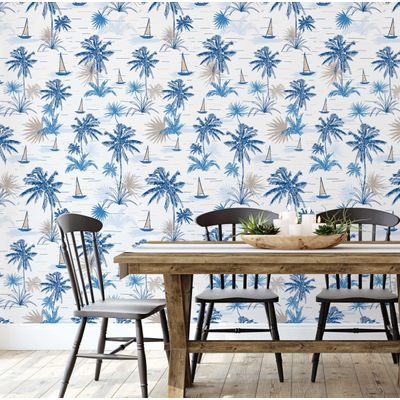 Papel de Parede Vinílico Autoadesivo Removível, Palmeira Tropical e Veleiro, Azul, Mural Para Banheiro, Lavanderia e Closet - S4Sassy 63,5 cm (L) × 304,8 cm (C) / Azul - Vinil Liso