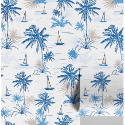 Papel de Parede Vinílico Autoadesivo Removível, Palmeira Tropical e Veleiro, Azul, Mural Para Banheiro, Lavanderia e Closet - S4Sassy 63,5 cm (L) × 304,8 cm (C) / Azul - Vinil Liso