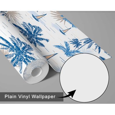 Papel de Parede Vinílico Autoadesivo Removível, Palmeira Tropical e Veleiro, Azul, Mural Para Banheiro, Lavanderia e Closet - S4Sassy 63,5 cm (L) × 304,8 cm (C) / Azul - Vinil Liso