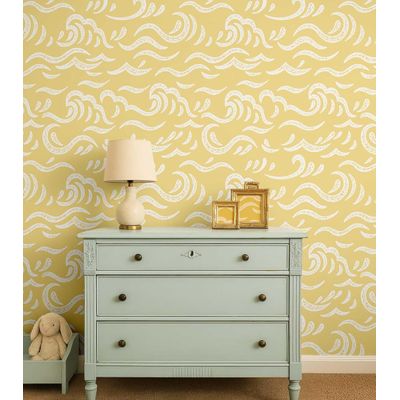 Papel de Parede Autoadesivo Decorativo Ondas do Oceano, Vinil Impermeável, Amarelo Removível  Quarto/Berçário/Sala de Brincar - S4Sassy 63,5 cm (L) × 304,8 cm (C) / Amarelo - Vinil Liso