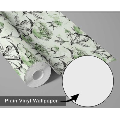 Papel de Parede Autoadesivo Removível, Estampa de Esboço Floral de Peônia Verde, Mural para Banheiro e Lavanderia - S4Sassy 63,5 cm (L) × 914,4 cm (C) / Verde - Vinil Texturizado