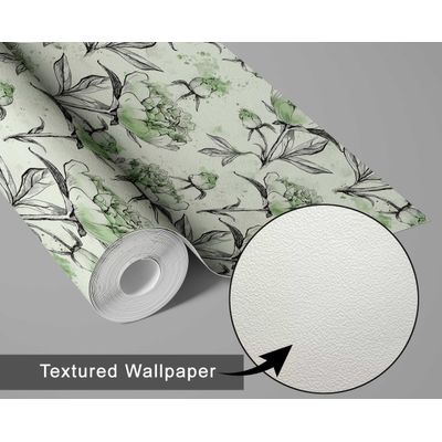 Papel de Parede Autoadesivo Removível, Estampa de Esboço Floral de Peônia Verde, Mural para Banheiro e Lavanderia - S4Sassy 63,5 cm (L) × 914,4 cm (C) / Verde - Vinil Texturizado
