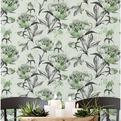 Papel de Parede Autoadesivo Removível, Estampa de Esboço Floral de Peônia Verde, Mural para Banheiro e Lavanderia - S4Sassy 63,5 cm (L) × 914,4 cm (C) / Verde - Vinil Texturizado
