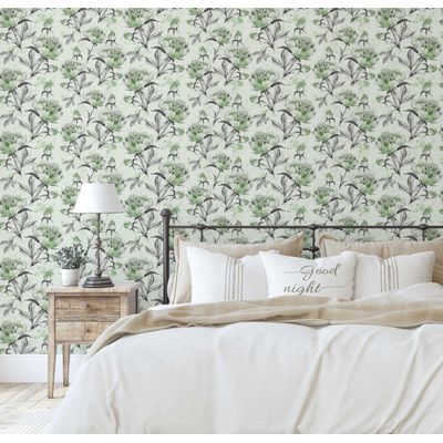 Papel de Parede Autoadesivo Removível, Estampa de Esboço Floral de Peônia Verde, Mural para Banheiro e Lavanderia - S4Sassy 63,5 cm (L) × 914,4 cm (C) / Verde - Vinil Texturizado