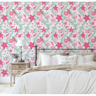 Revestimento Autoadesivo Removível em Vinil Rosa com Estrelas-do-Mar e Conchas para Banheiro, Lavanderia e Closet - S4Sassy 63,5 cm (L) × 914,4 cm (C) / Rosa - Vinil Texturizado