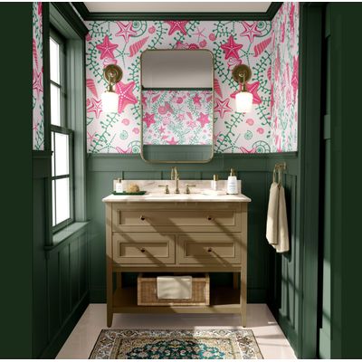 Revestimento Autoadesivo Removível em Vinil Rosa com Estrelas-do-Mar e Conchas para Banheiro, Lavanderia e Closet - S4Sassy 63,5 cm (L) × 914,4 cm (C) / Rosa - Vinil Texturizado