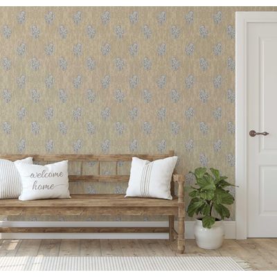 Papel de Parede Vinílico Autoadesivo Removível Buta Paisley, Mural Estilo Asiático para Banheiro, Lavanderia e Closet Bege - S4Sassy 63,5 cm (L) × 152,4 cm (C) / Bege - Vinil Texturizado