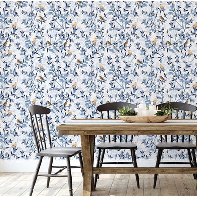 Papel de Parede Monocromático Autoadesivo com Pássaros e Ramos, Vinil Azul Removível DIY para Parede de Entrada, Decoração Fácil - S4Sassy 63,5 cm (L) × 152,4 cm (C) / Azul - Vinil Texturizado