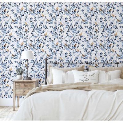 Papel de Parede Monocromático Autoadesivo com Pássaros e Ramos, Vinil Azul Removível DIY para Parede de Entrada, Decoração Fácil - S4Sassy 63,5 cm (L) × 152,4 cm (C) / Azul - Vinil Texturizado
