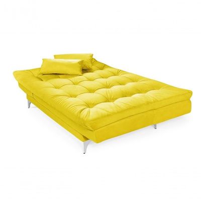 Sofá Cama Versátil 3 Lugares Império Reclinável Casal Pés De Alumínio Espuma Especial D33 Suede Amarelo 374