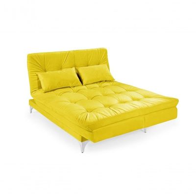 Sofá Cama Versátil 3 Lugares Império Reclinável Casal Pés De Alumínio Espuma Especial D33 Suede Amarelo 374