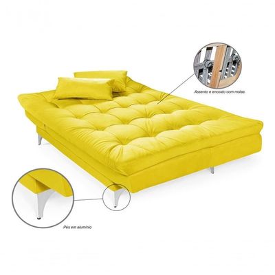 Sofá Cama Versátil 3 Lugares Império Reclinável Casal Pés De Alumínio Espuma Especial D33 Suede Amarelo 374