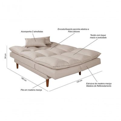 Sofá Cama Vancouver 3 Lugares Império Reclinável Casal Pés Madeira Suede Areia 376