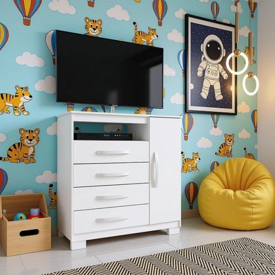 Cômoda Com Sapateira Infantil Tv Quarto 4 Gavetas 1 Porta Branco Branco