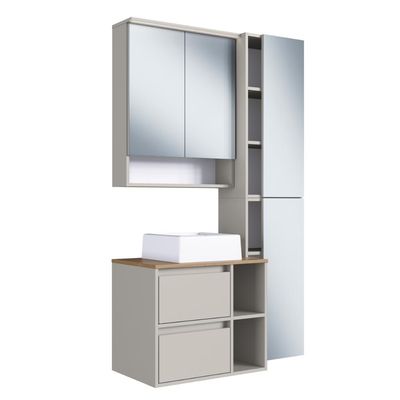Conjunto Gabinete p/ Banheiro Suspenso 96cm c/ 4 Peças Iluminação em Led e Cuba Branca na Cor Arenas