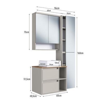 Conjunto Gabinete p/ Banheiro Suspenso 96cm c/ 4 Peças Iluminação em Led e Cuba Branca na Cor Arenas