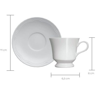 Xícara de Café com Pires Porcelana Germer 80ml Relevo Cottage Branco Chávena