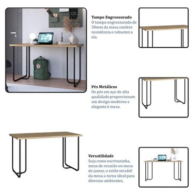 Mesa Escrivaninha Simples para Escritório Estudo 135cm Estilo Industrial Office Placa e Ponto