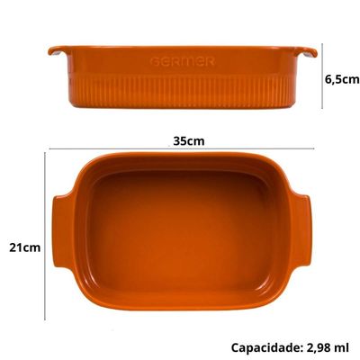 Travessa Retangular 30x21cm Laranja Germer Porcelana Assadeira Forma Canelada Média