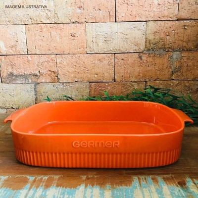 Travessa Retangular 30x21cm Laranja Germer Porcelana Assadeira Forma Canelada Média