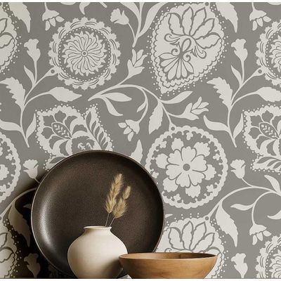 Papel Parede Autoadesivo Boho, Floral Paisley, Vinil Impermeável, Cinza, Removível, Ideal para Locatários/Quarto e Sala de Jantar - S4sassy 63,5 cm (L) × 304,8 cm (C) / Cinza - Vinil Liso