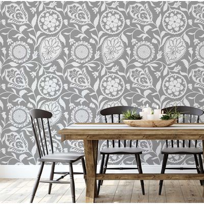 Papel Parede Autoadesivo Boho, Floral Paisley, Vinil Impermeável, Cinza, Removível, Ideal para Locatários/Quarto e Sala de Jantar - S4sassy 63,5 cm (L) × 304,8 cm (C) / Cinza - Vinil Liso