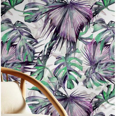 Papel de Parede com Folhas de Monstera Tropical Roxo, Vinílico Autoadesivo, Revestimento Decorativo Fácil para Quarto e Sala - S4Sassy 63,5 cm (L) × 304,8 cm (C) / Roxo - Vinil Liso