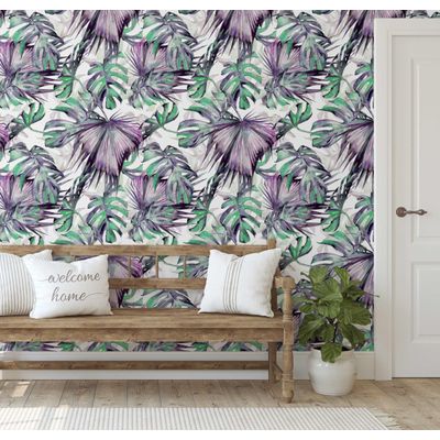 Papel de Parede com Folhas de Monstera Tropical Roxo, Vinílico Autoadesivo, Revestimento Decorativo Fácil para Quarto e Sala - S4Sassy 63,5 cm (L) × 304,8 cm (C) / Roxo - Vinil Liso