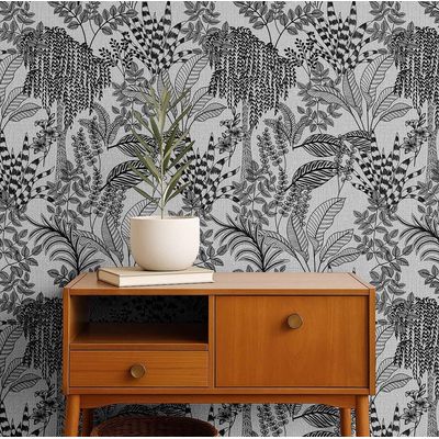 Papel de Parede Autocolante Estampa Rascunho de Selva, Vinílico Impermeável, Preto, Removível, para Inquilinos, Quarto e Sala - S4Sassy 63,5 cm (L) × 609,6 cm (C) / Preto - Vinil Liso