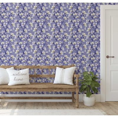Papel de Parede Autoadesivo Peel-and-Stick, Estampa Blossom Bloom - Mural Estilo Asiático para Banheiro, Lavanderia e Closet Roxo - S4Sassy 63,5 cm (L) × 609,6 cm (C) / Roxo - Vinil Liso