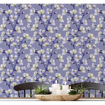Papel de Parede Autoadesivo Peel-and-Stick, Estampa Blossom Bloom - Mural Estilo Asiático para Banheiro, Lavanderia e Closet Roxo - S4Sassy 63,5 cm (L) × 609,6 cm (C) / Roxo - Vinil Liso