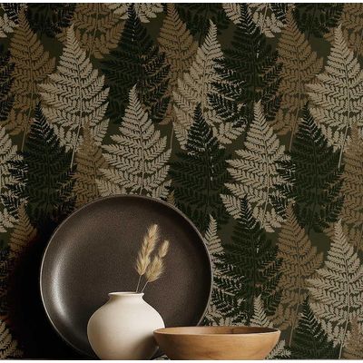 Papel de Parede Autoadesivo Decorativo Folhagem de Samambaia, Vinil Impermeável Verde, Removível, Para Aluguel, Quarto/Sala Jantar - S4Sassy 63,5 cm (L) × 609,6 cm (C) / Verde - Vinil Liso