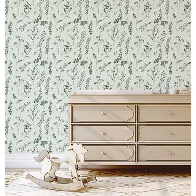 Papel de Parede Autoadesivo Estampa Botânica em Aquarela Verde, Vinílico Removível DIY, Descole e Cole para Parede de Entrada - S4sassy 63,5 cm (L) × 152,4 cm (C) / Verde - Vinil Liso