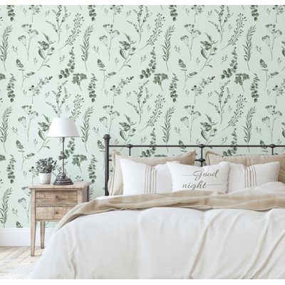 Papel de Parede Autoadesivo Estampa Botânica em Aquarela Verde, Vinílico Removível DIY, Descole e Cole para Parede de Entrada - S4sassy 63,5 cm (L) × 152,4 cm (C) / Verde - Vinil Liso