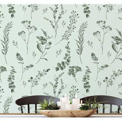 Papel de Parede Autoadesivo Estampa Botânica em Aquarela Verde, Vinílico Removível DIY, Descole e Cole para Parede de Entrada - S4sassy 63,5 cm (L) × 152,4 cm (C) / Verde - Vinil Liso