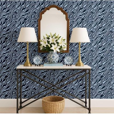 Papel de Parede Removível Estampa Listrada Animal Estilo Selva, Vinil Autoadesivo, Fácil DIY para Quarto e Sala - Azul - S4Sassy 63,5 cm (L) × 152,4 cm (C) / Azul - Vinil Liso