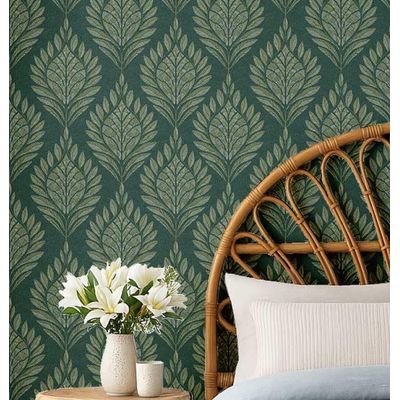 Papel de Parede Motivo de Folhas, Estilo Asiático, Vinílico Autoadesivo, Decorativo Fácil DIY para Quarto, Sala e Ambientes, Verde - S4Sassy 63,5 cm (L) × 914,4 cm (C) / Verde - Vinil Liso