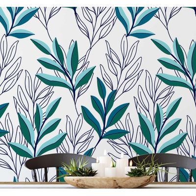 Papel de Parede Contorno de Folhas Verdes - Vinil Autoadesivo Botânico Moderno Envoltório Decorativo Fácil para Quarto e Sala - S4Sassy 63,5 cm (L) × 914,4 cm (C) / Verde - Vinil Texturizado