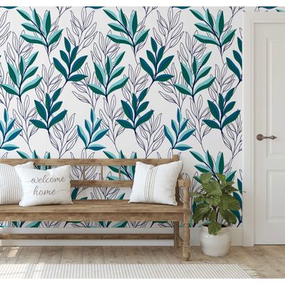 Papel de Parede Contorno de Folhas Verdes - Vinil Autoadesivo Botânico Moderno Envoltório Decorativo Fácil para Quarto e Sala - S4Sassy 63,5 cm (L) × 914,4 cm (C) / Verde - Vinil Texturizado