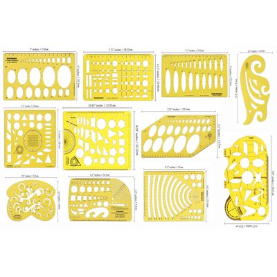 Traceease Lote 11 Peças Moldes Geométricos Multiformas e Réguas para Desenho Técnico Kit de Papelaria para Escola e Escritório - IBA Crafts Amarelo
