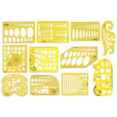Traceease Lote 11 Peças Moldes Geométricos Multiformas e Réguas para Desenho Técnico Kit de Papelaria para Escola e Escritório - IBA Crafts Amarelo