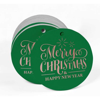 Etiquetas de Lembrancinha para Pendurar em Papel Metalizado com Texto 'Merry Christmas & Happy New Year' - Inkdotpot 100 Etiquetas Metalizadas / Verde - Ouro Rosé