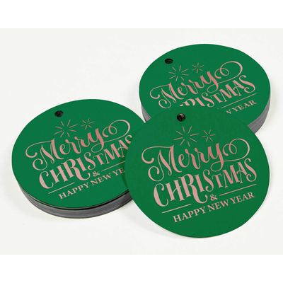Etiquetas de Lembrancinha para Pendurar em Papel Metalizado com Texto 'Merry Christmas & Happy New Year' - Inkdotpot 100 Etiquetas Metalizadas / Verde - Ouro Rosé