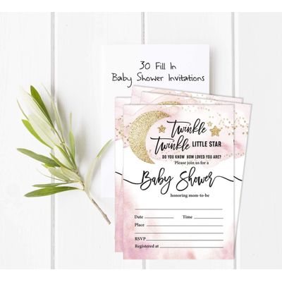 30 Cartões para Chá de Revelação de Gênero Twinkle Twinkle Little Star Preenchíveis - Inkdotpot 12,7 Cm × 17,78 Cm / Branco - Convite